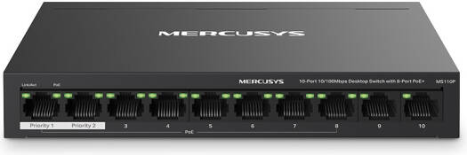 Mercusys MS110P 10-Port Desktop Switch, 8-Port PoE+, 10x 100Mbps, 65W Poe Budget, 802.3af/at, Extend Mode, Isolation Mode, PoE Auto Recovery, Up to 250m Range , Metal Case | MS110P