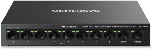 Mercusys MS110CMP 10-Port Desktop Switch, 8-Port PoE+, 8x 100Mbps + 2x Gigabit, 115W Power Budget, 802.3af/at, Isolation Mode, PoE Auto Recovery, Plug & Play, Metal Case | MS110CMP