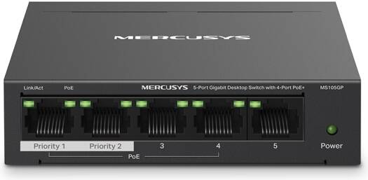 Mercusys MS105GP 5-Port Gigabit Desktop Switch, 4-Port PoE+, 65W Power Budget, 250M Extend Mode, Isolation Mode, 802.3af/at, Plug & Play, Metal Casing | MS105GP