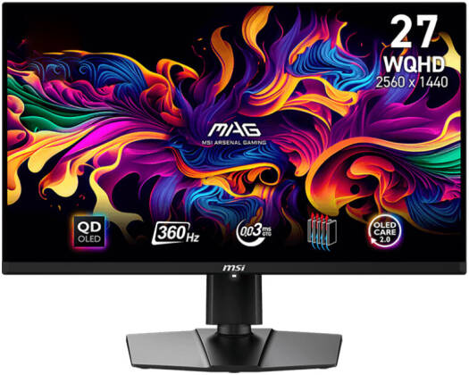 MSI MAG 271QPX Gaming Monitor, 27" WQHD QD-OLED Display, 360Hz Refresh Rate, 0.03ms (GtG) Response Time, AdaptiveSync Technology, 1.07B Display Colors, Black | 9S6-3CD89T-008