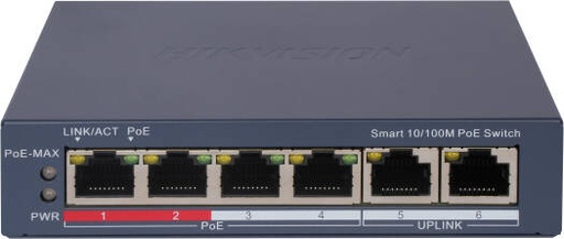 [DS-3E1106P-EI] Hikvision 4 Port Fast Ethernet Smart POE Switch, 4x 10/100 Mbps PoE Port, 2x 10/100 Mbps RJ45 Port, 14 Gbps Switching Capacity, 10.42 Mpps Packet Forwarding Rate | DS-3E1106P-EI