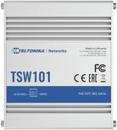 [TSW101] Teltonika TSW101 Auto PoE+ Switch, 5x RJ45 Gigabit Ethernet, Up to 1000 Mbps, 4x PoE+ Ports (802.3af & 802.3at), 9-30V Power, Plug & Play | TSW101