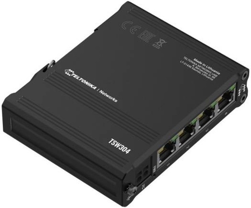 [TSW304] Teltonika TSW304 4-port Compact Unmanaged Switch with Integrated DIN Rail Mount, 4 x Gigabit Ethernet, Speeds Up to 1000 Mbps, 2 Pin Industrial Power Socket, IP30 Rated, Black | TSW304