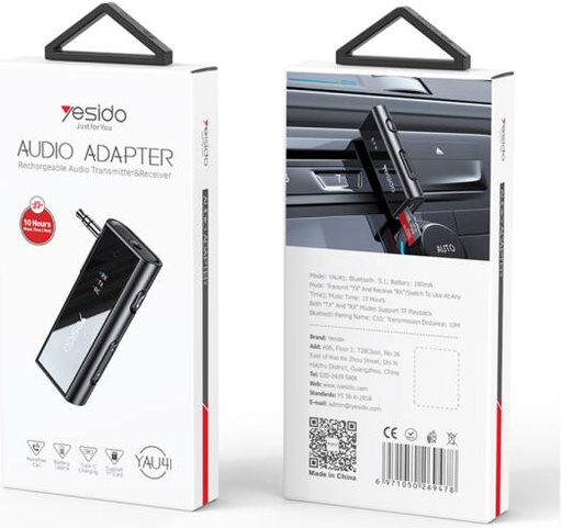[YAU41] Yesido YAU41 Bluetooth Launcher/Receiver Two Mode Adapter, 5.1 Bluetooth Connectivity, Up To 10 Meters Range, 3.5mm Audio AUX Compatibility, Type-C, 180mAh Battery Capacity, Black | YAU41