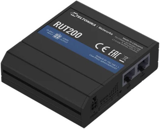 [RUT200] Teltonika RUT200 Industrial Cellular Router, 4G/LTE (Cat 4), 3G, 2G / 802.11n Wi-Fi Connectivity, up to 150 Mbps Speed 2 x Ethernet Ports, I/O Digital Input/Output, RMS Compatible, Black | RUT200