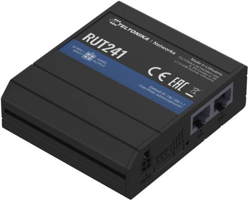 [RUT241] Teltonika RUT241 Industrial Cellular Router, LTE Cat 4, 150 Mbps, 2.4 GHz Wi-Fi, 2x RJ45 Fast Ethernet, WAN Failover, Digital I/O, RMS, Black | RUT241