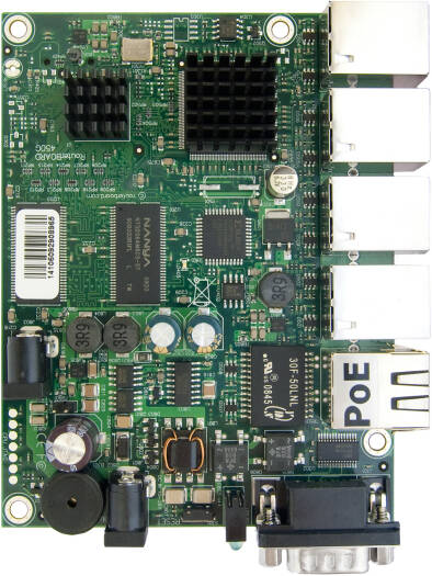 MikroTik Router, 5x Gigabit Ethernet Router, AR7161 CPU, MIPSBE Architecture, 256GB RAM, 512MB NAND Storage, Passive PoE | RB450G