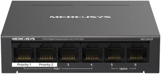 Mercusys MS106GP 6-Port Gigabit Desktop Switch, 4-Port PoE+, 65W Power Budget, 250M Extend Mode, PoE Auto Recovery, 802.3af/at, Plug & Play, Metal Casing | MS106GP