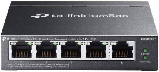 TP-LINK ES205GP Omada 5-Port Gigabit Switch, Easy Managed, with 4-Port PoE+, 65W Power Budget, Automatic Loop Prevention, VLAN, IGMP Snooping, Black | ES205GP