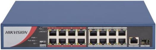 Hikvision 16 Port Fast Ethernet Unmanaged POE Switch, 7.2 Gbps Switching Capacity, 5.356 Mpps Forwarding Rate, 16x 10/100 Mbps PoE, 1x Gigabit RJ45, 1x Gigabit Fiber Optical Ports | DS-3E0318P-E/M(B)