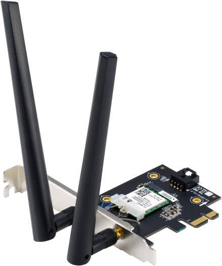 ASUS PCE-BE6500 Adapter, 2.4GHz/5GHz/6GHz Tri-Band, Up to 6452 Mb/s Throughput, 2x Adjustable Antennas, Wi-Fi 7 802.11be & Bluetooth 5.4, PCIe 1x Host Connection, WPA3 Security, Black | PCE-BE6500