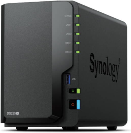 Synology DiskStation DS225+ 2 Drive Bays NAS Server, Intel Celeron J4125 Processor, 2GB RAM, 3.5" SATA HDD, 2.5" SATA SSD, Hot Swappable Drive, Black | DS225+