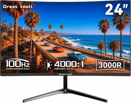 Great Voell Q240B12 Gaming Curved Monitor, 24" VA Display, FHD Resolution, 100Hz Refresh Rate, 3000R Curvature, Black | Q240B12