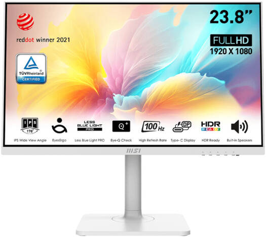 MSI Modern MD2412PW Business Productivity Monitor, 24" FHD IPS Display, 100Hz Refresh Rate, 1ms (MPRT) Response Time, Adaptive-Sync Support, Built-In Speaker, Matte White | Modern-MD2412PW