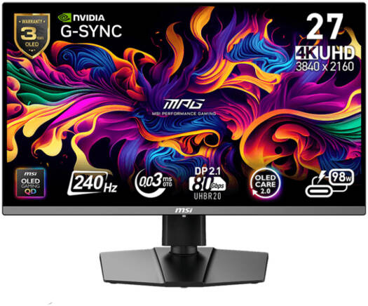MSI MPG 272URX QD-OLED Gaming Monitor, 27" UHD QD-OLED Display, 240Hz Refresh Rate, 0.03ms (GtG) Response Time, EL Gen 3 Technology, DisplayHDR True Black 400, Black | 9S6-3CD79A-023