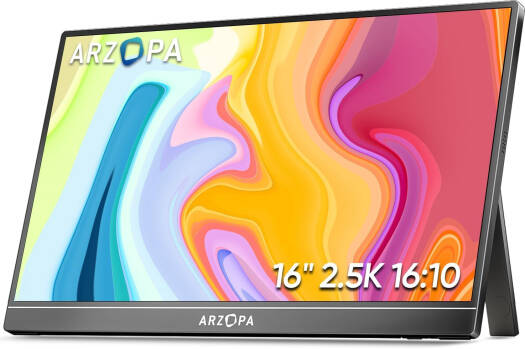 ARZOPA Z1RC Portable Monitor, 16" IPS Display, 2.5K QHD Resolution, 60Hz Refresh Rate, 1.07G Display Color, Low Blue Light, HDR, Built-in Speakers, Built-in Stand, Black | Z1RC