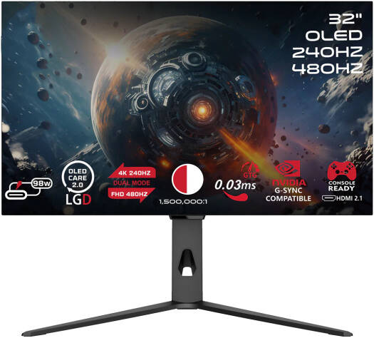 GAMEON Signature X Series Gaming Monitor, 32" OLED Display, 4k 240Hz/FHD 480Hz Refresh Rate, 0.03ms Response Time, FreeSync & G-Sync, Flicker-Free & Low Blue Light, Black | GO32OLED4K