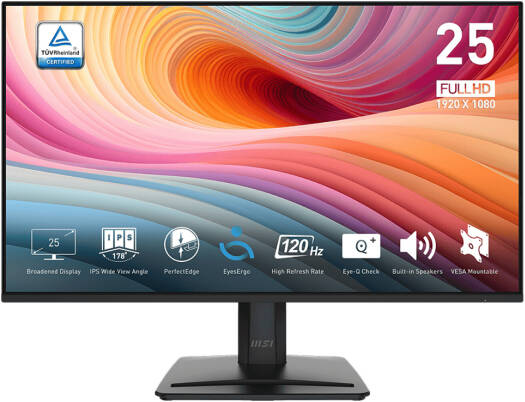 MSI PRO MP251 E2 Business Productivity Monitors, 25" IPS Display, FHD Resolution, 120Hz Refresh Rate, 1ms (MPRT) Response Time, 16.7M Color Display, Built-In 2x 2W Speaker, Black | 9S6-3PD2CM-015