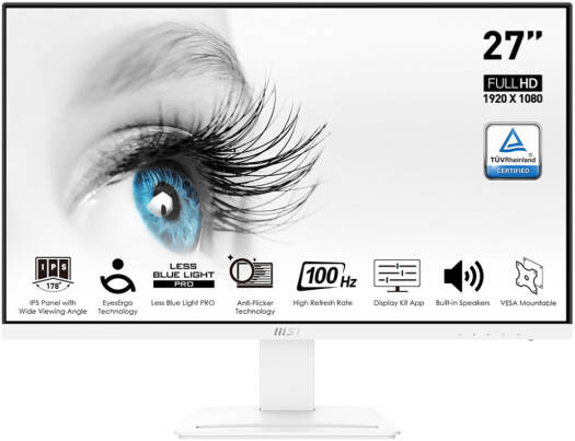 MSI Pro MP273AW Business Productivity Monitors, 27" FHD IPS Display, 100Hz Refresh Rate, 1ms (MPRT) Response Time, EyesErgo Technology, 16.7m Display Colors, White | MP273AW