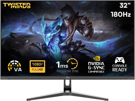 Twisted Minds TM32FHD180VA Flat Gaming Monitor, 32" FHD VA Display, 180Hz Refresh Rate, 1ms Response Time, Aspect Ratio 16 9, Contrast Ratio 3000 1, HDMI & PD Ports, Black | TM32FHD180VA