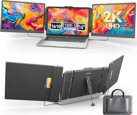 V2COM 14" 2K Triple Laptop Screen Extender, 2160x1440 QHD Portable Monitor with 180° Rotation, Plug & Play, Compatible with 13-16.5" Laptops, Windows, Mac, Android, Dex | S2 Pro Max