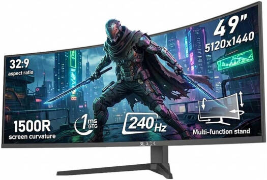 Black Gaming Monitor, 49" 5K 240Hz Display, Ultrawide Curved 1500R DQHD, Computer Display Screen 85% NTSC Support, PIP/PBP, HDR, VESA Freesync, Black | BGM-VS49-U240