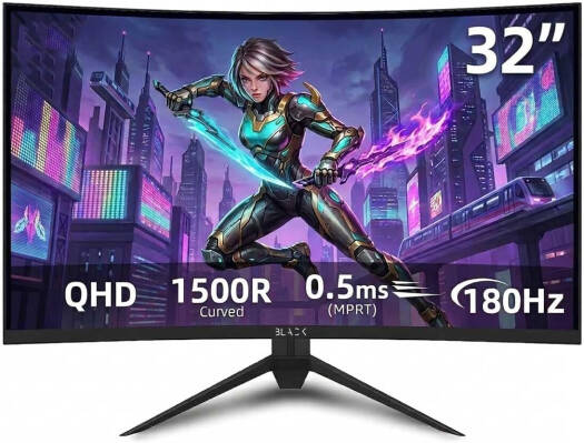 Black Curved Gaming Monitor 32",180Hz 0.5ms MPRT, 2K QHD 180Hz Monitor, 1500R VA Display, FreeSync Premium, 120% sRGB, DisplayPort/HDMI, PC Monitor for Gamers, Black | BGM-VS32-P180