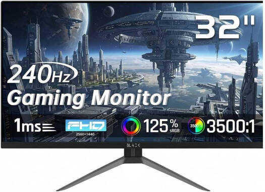 Black Gaming Monitor 32" QHD 2560x1440 IPS Panel, 240Hz, 1ms, RGB Backlight, FreeSync Premium, DisplayPort/HDMI, PC Monitor for Gamers RGB Backlight, Black | BGM-VS32-240