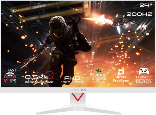 Gameon Marksman Series Gaming Monitor, 24" FHD 200Hz, 0.5ms, HDR400, FreeSync/G-Sync, HDMI 2.1, VRR, HDMI 2.1, RGB Backlight, VESA, Speakers, Supports PS5, White | GOAM24FHD200IPS