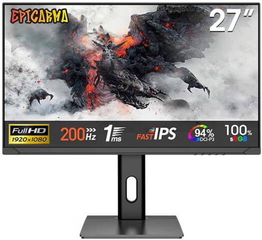 EpicArma Gaming Monitor, 27" IPS Display, FHD 1920 1080 Resolution, 200Hz Refresh Rate, 1ms Response Time, RGB Lighting Stand, 178° Wide Viewing Angle, Black | EA-G27I-BK