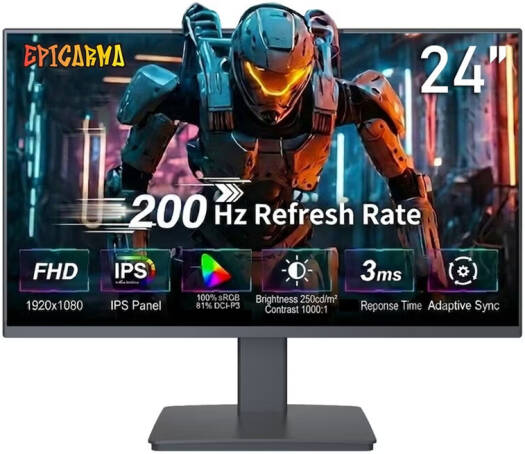 EpicArma Gaming Monitor, 24" IPS Display, FHD Resolution, 200Hz Refresh Rate, 3ms Response Time, 178° Wide Viewing Angle, Frameless Screen, AMD FreeSync, Black | EA-G24I-BK