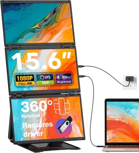 V2COM Z4 Pro Quad Laptop Screen Extender, 15.6" FHD 1080P Triple Portable Monitors, One-Button Combine to 30" Wide Display, One Cable Connection with Driver | VZ4P