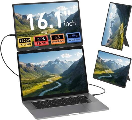 V2COM N2 16.1" Portable Laptop Monitor Extender, FHD 1200P 16 10 Display with Height-Adjustable Case Stand, 360° Rotation & Vertical Lift, USB-C/HDMI Plug & Play Portable Screen | VN2