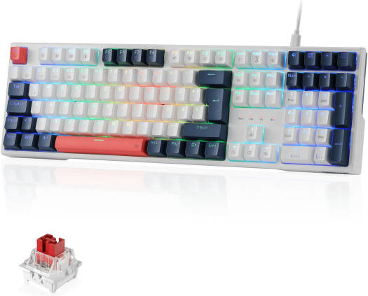 Trundle K668WBO RGB Full Size Mechanical Gaming Keyboard, 108 Keys, Hot-Swappable Red Switches, RGB Lighting, Mixed Keycaps, Ergonomic Design, Software Supported, White | K668WBO-RGB