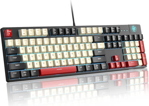 MageGee MK-Armor Wired Mechanical Keyboard, 104 Keys, Red Switch, Full Size, Blue LED Backlit, Ergonomic Design, OEM profile, 3-Color Keycaps, English-Arabic Layout, Black/White | MK-Armor