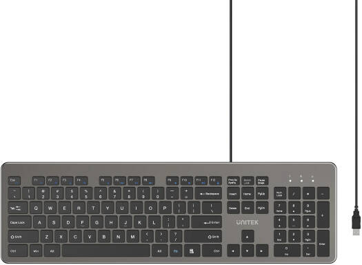 UNITEK SlimTap Ultra Slim 104-Key Wired Keyboard, Arabic/English Layout, Silent Scissor Switch, Ergonomic Top-Raising, Blue LED Indicators, Plug & Play, 1.5m Cable Length, Space Gray | T052AGY01-US-AR