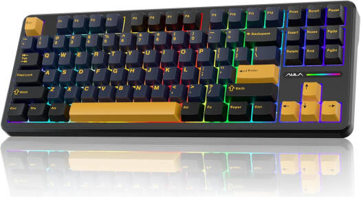 AULA F87 Wireless Gaming Keyboard, Hot Swappable, Five-Layer Padding, Pre-Lubed Greywood Switches, RGB Backlight, Function Keys, Tri-Mode Connectivity, 4000mAh Battery, Black/Yellow | F87