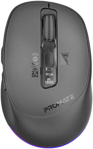Promate Blix-3M Computer Mouse, Adjustable 1600DPI Sensor, 7D Silent Precision, OLED Smart Display, RGB Ambient Lighting, Rechargeable Battery, Bluetooth 5.1, Black | Blix-3M