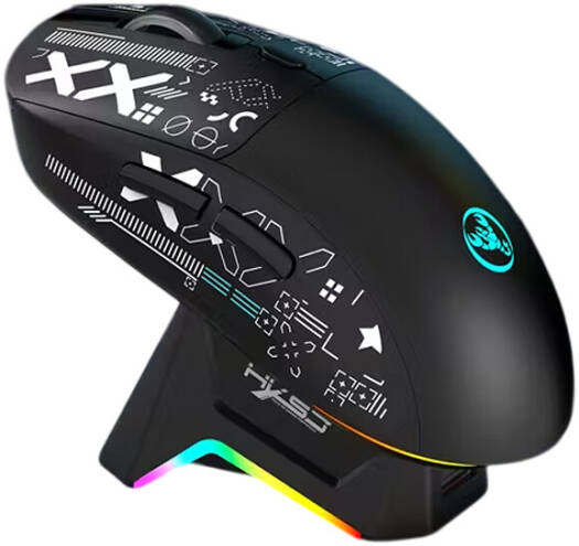 HXSJ T90 Pro Wireless Gaming Mouse, RGB Backlit, Charging Dock, 5 DPI Adjustment Level, 1000Hz Response Rate, Triple Mode Connection, 650mAh Rechargeable Battery, Black | T90 Pro
