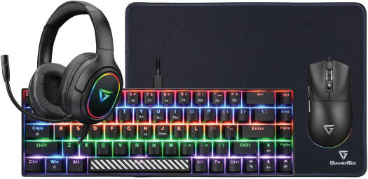 GamerTek Power Pack V2 Gaming Bundle, 68-Key Layout Keyboard, 7 Button Wired Mouse, Cloth & Rubber Material Desk Mat, 50mm Omni-Directional Headphone, Black | 76024