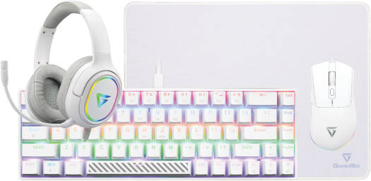 GamerTek Power Pack V2 Gaming Bundle, 68-Key Layout Keyboard, 7 Button Wired Mouse, Cloth & Rubber Material Desk Mat, 50mm Omni-Directional Headphone, White | 76025