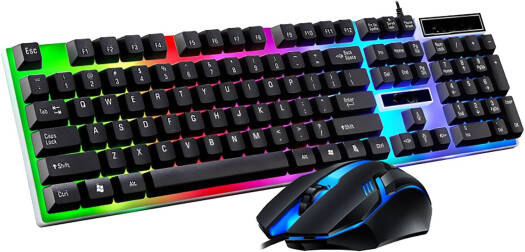 Generic Wired Gaming Keyboard & Mouse Combo Set, 104 Keys, 60% Keyboard, Rainbow Color Backlight Effect, 3D Roller With Anti-Skid Scale Grain Mouse, Laser-Etched, Black | WGKMCS