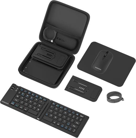 Porodo 6 in 1 Keyboard Mouse Set, Bluetooth 5.0 & 2.4GHz Dual Mode, 67 Keys Compact Keyboard, 1600 DPI Adjustable Mouse, Portable Travel Kit, Multi Device Support, Black | PDKBMSC2285
