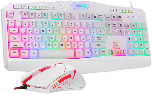 Redragon S101 Wired RGB Backlit Gaming Keyboard and Mouse, 3200 Adjustable DPI Mouse, 5 Programmable Buttons, Non-Slip, Splash-Proof, Adjustable Keyboard Feet, White | S101W-V2