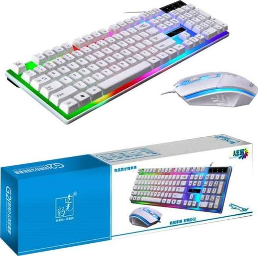 Sky-Touch G21 Keyboard Wired USB Gaming Mouse Flexible Polychromatic LED Lights Computer Mechanical Feel Backlit Keyboard Mouse Set, White | G21-WHITE