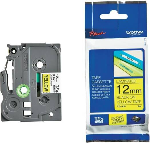 BROTHER Genuine TZe 631 12mm Standard Laminated Label Tape Replacement for Label Printers, Black on Yellow, 12mm wide, 8m long