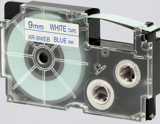 Casio XR-9WEB1 9mm Blue on White Label Tape, 8m Durable Label Printer Cartridge, Compatible with Casio KL- Series Printers, Easy Organizing Labels | XR-9WEB1