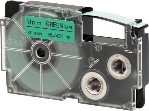 Casio XR-9GN1 9mm Black on Green Label Tape, 8m Durable Label Printer Cartridge, Compatible with Casio KL- Series Printers, Easy Organizing Labels | XR-9GN1