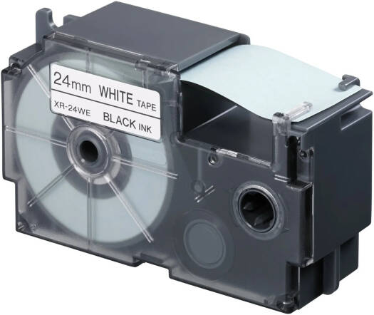 Casio XR-24WE1 24mm Black on White Label Tape, 8m Durable Label Printer Cartridge, Compatible with Casio KL- Series Printers, Easy Organizing Labels | XR-24WE1