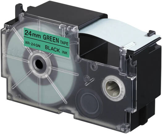 Casio XR-24GN1 24mm Black on Green Label Tape, 8m Durable Label Printer Cartridge, Compatible with Casio KL- Series Printers, Easy Organizing Labels | XR-24GN1